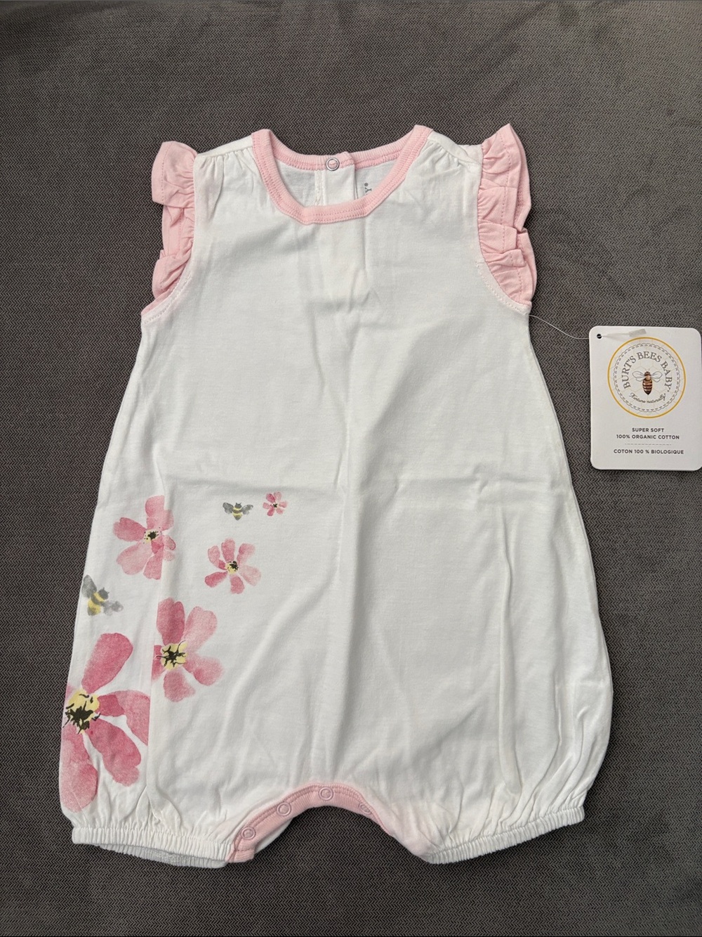 Burt's Bees Baby Romper with Pink Floral Trim